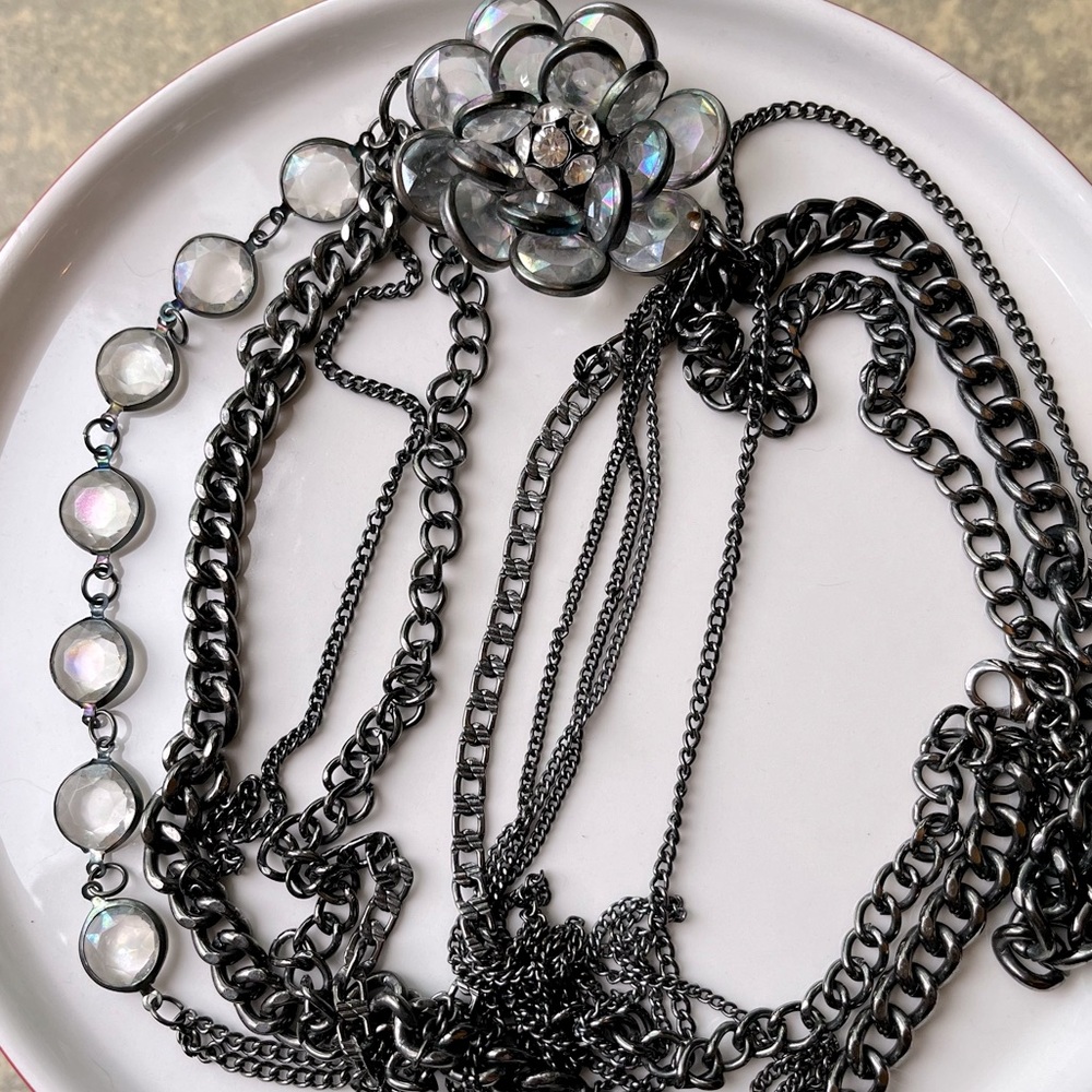 Vera Wang Multi-Strand Silver & Gunmetal Crystal Necklace With Rhinestone Flower - Picture 5 of 16
